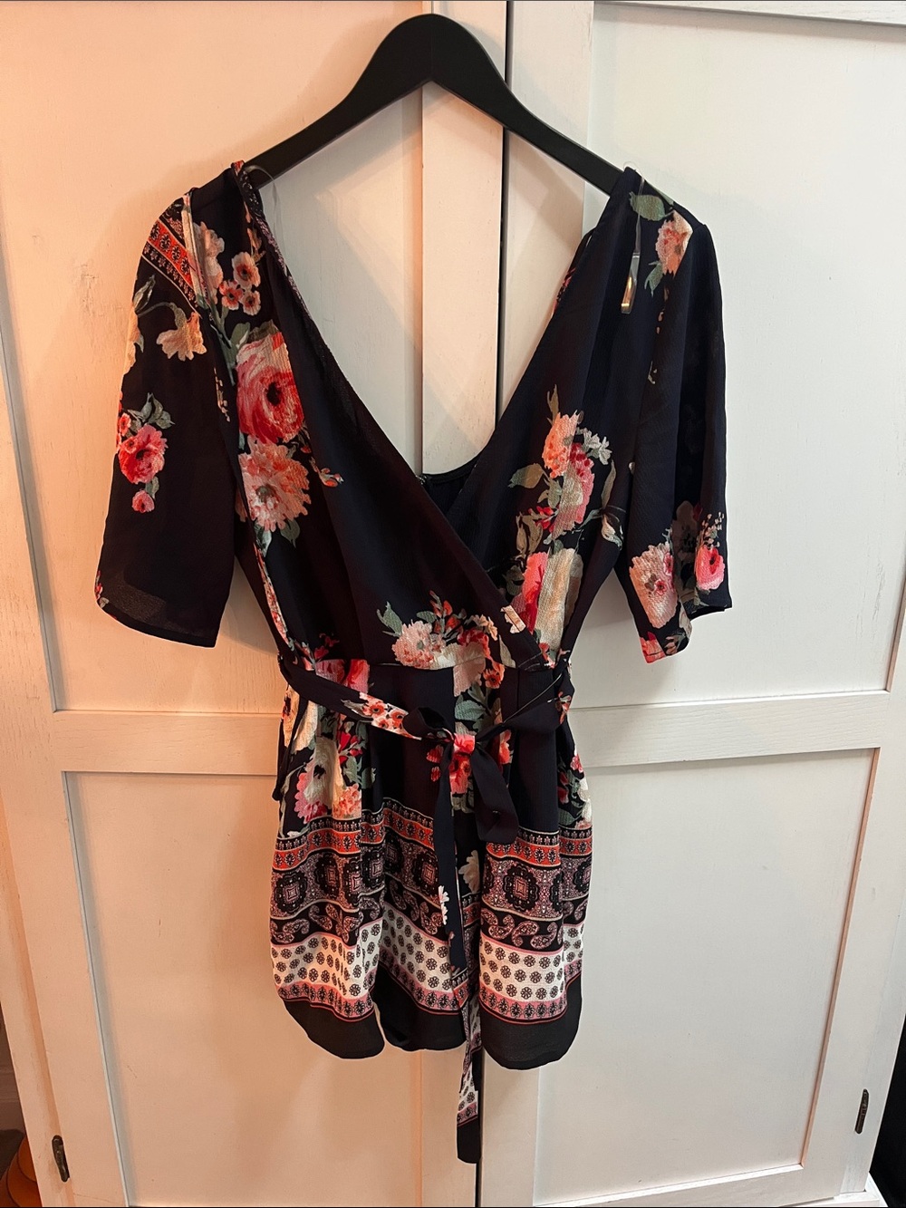 Three Hearts Navy Floral Wrap Romper with Pink and Cream Blooms